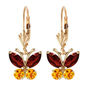 14K. GOLD BUTTERFLY EARRING WITH GARNETS & CITRINES (Yellow Gold)